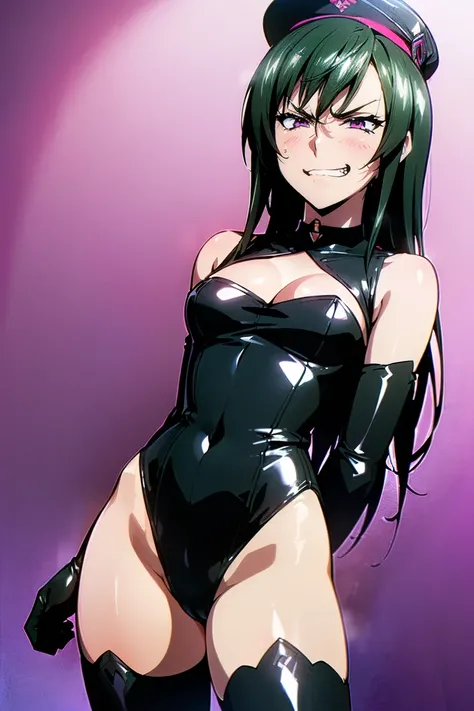 beautiful detailed face, anime screencap, (black hair:1.2), long hair, hair between eyes, good shape and big breasts, fearless face, sharp face, slant eyes, cat eyes, 170cm tall, adult, perfect proportion, (((black high-leg leotard))), (((bare shoulder, ba...