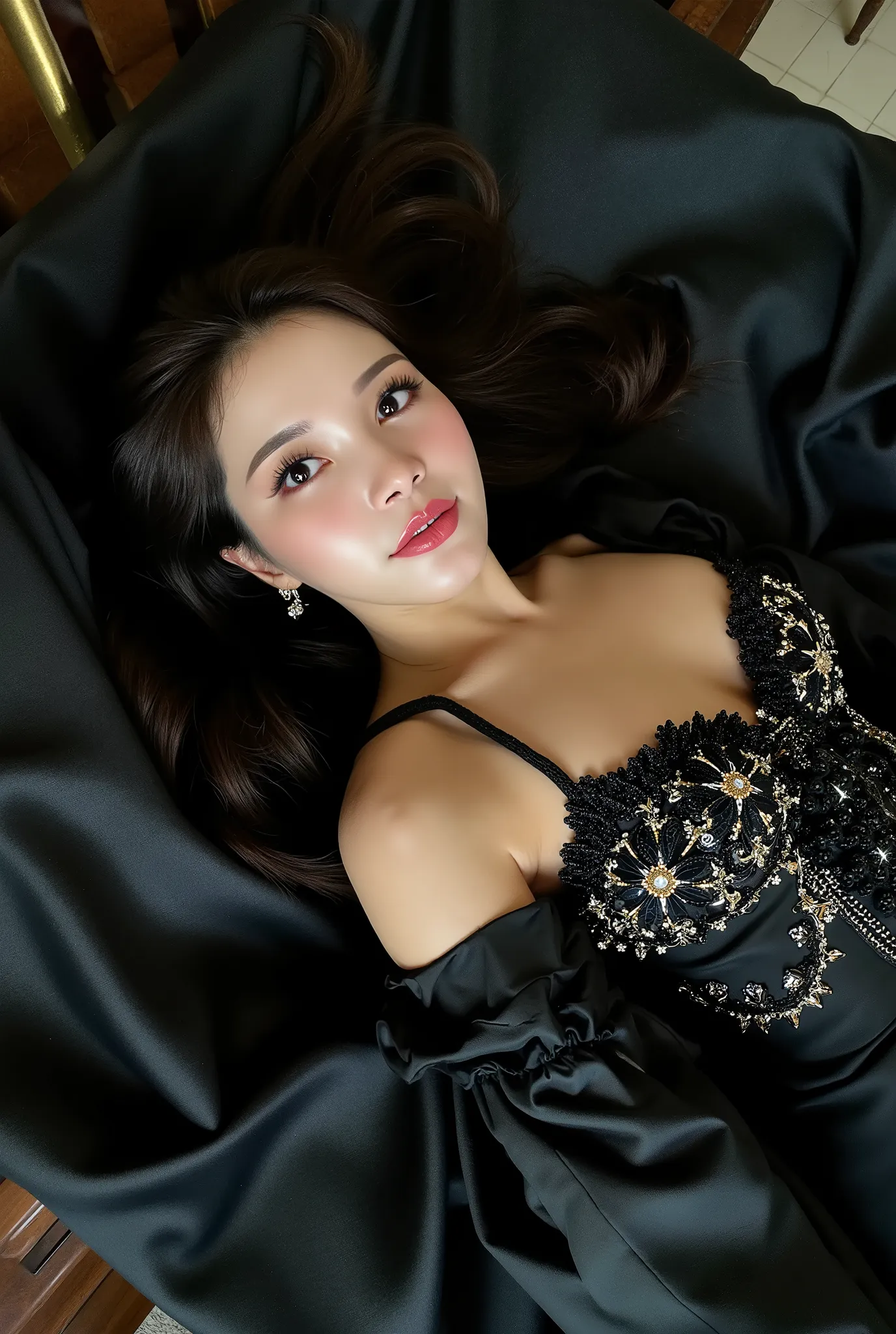 “Dark Siren”
Pose An Exotic Asian Princess reclining pose with the subject lying on a luxurious, dark fabric, looking up with a seductive gaze.
Makeup: Deep, jewel-toned eyeshadows with a glossy, dark lip and shimmering highlighter.
Hairstyle: Long, flowin...