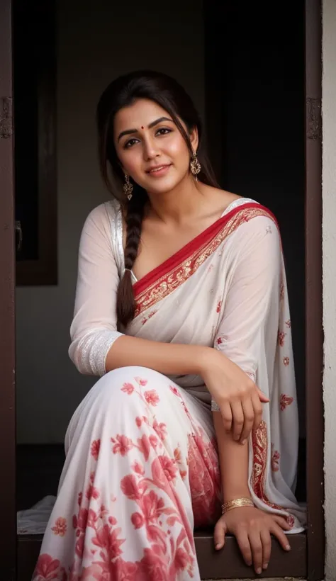 photo of Indian Bengali Aunty with dusky skin, wearing  white red saree and white conservative traditional Blouse, Red Sindoor on her forehead, Hair messed up, nice curves, sitting on a hut balcony , sensual, Dim light in the hut