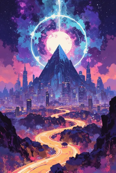 A cosmic and surreal landscape featuring a tiny lone hedgehog falls from the sky towards an immense futuristic cityscape. An enormous, glowing portal dominates across the horizon The portal pulses with fiery hues of magenta, crimson, and orange, radiating ...