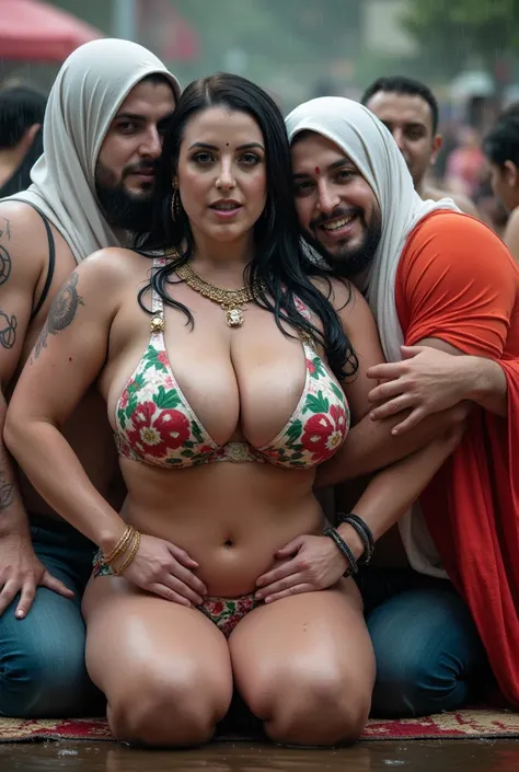 Four aged muslim men and muslim leader owaisi hugging and fucking hard butally durga maa wearing sexy transparent halal maked printed  mini bra of turky and pakistani flag and halal maked tatoo on her boobs, like a road side slut without panty , thick thig...