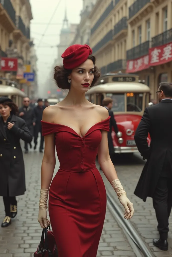 "An extremely beautiful and sensual woman walks confidently through the center of a bustling European city in 1945.. She wears an elegant dress from the era, fitted to the waist ,  highlighting her curves , with delicate gloves and a sophisticated hat wrap...