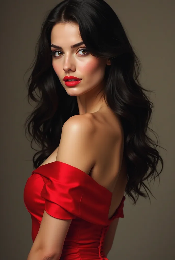 Make a black-haired white woman, Very beautiful in a red dress and very realistic for a profile picture, a sexier body 