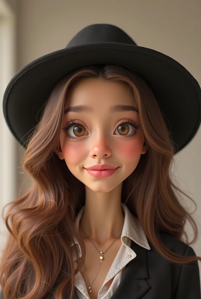 A  fair-skinned, brown-eyed, long brown hair with a square jawbone with a black hat in Disney 3D Pixar style. 