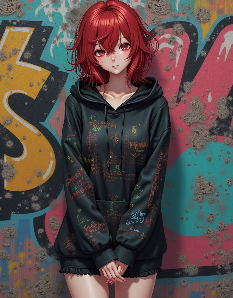 an extremely cute and delicate anime girl standing in front of a graffiti wall, she has messy long red hair, dreamy red eyes, poker face, flawless skin, wearing a loose black hoodie covered with graffiti, hands crossed in front of her chest, black shorts, ...