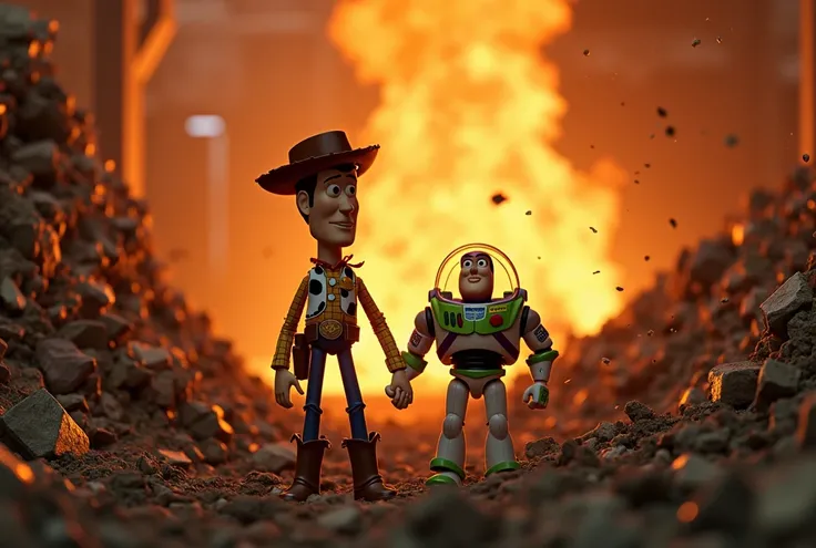 A dramatic scene in a garbage incinerator, inspired by Toy Story 3 , in pissar style. The toys are in a huge mountain of waste that is dragged into an incinerator with intense flames and an orange glow. Woody and Buzz Lightyear are holding hands, looking a...