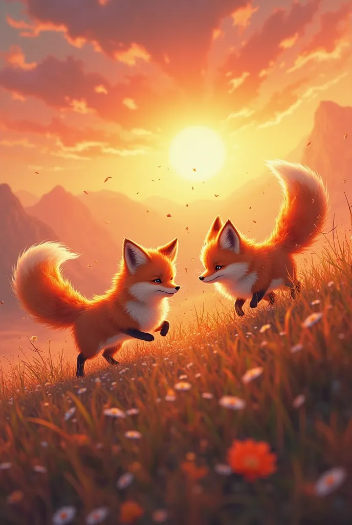 Sun Foxes – Playful foxes with fiery ed tails that playfully dance along the bright horizon at a beautifully colorful sunrise.