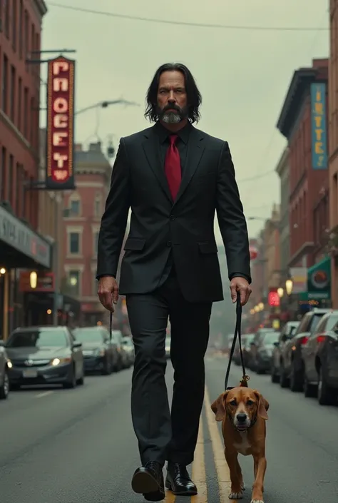 Skinny faced man with pale goatee and thinning beard medium loose hair spread over half a black suit red tie black shoes walking with a beagle on a leash holding a pencil in his other hand scenery streets with a John Wick-style hotel in front of a John Wic...