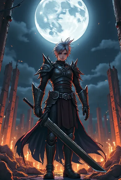 Anime boy in anime style, sports hair, and gray hair., He has torn eyes,, He is wearing huge black barbed armor, He has a huge black sword in his right hand, and,The surrounding area is on fire and, I'm staring in front of the camera in a shattered city at...