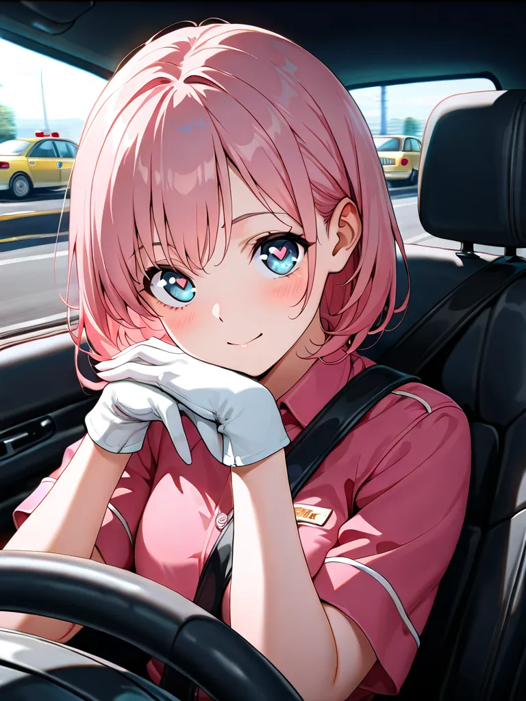 ((((  masterpiece)))), (((( top quality)))),  high resolution,fine grain, detailed faces,1 girl,pink hair,short hair,sling,heart eye,taxi,Driver,Driverの制服,Both hands have handles,white gloves,Focus on driving, anime,