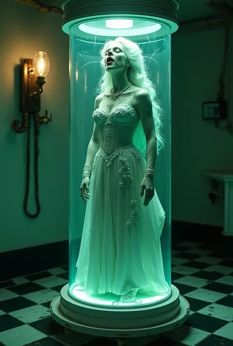 Cinematic photography, frozen body of a dead pale marie antoinette in rococo dress in deep stasis in a large glass vertical cylinder filled with formaldehyde, illuminated by neon green light, her white hair frozen in weightlessness, with her mouth open, wi...