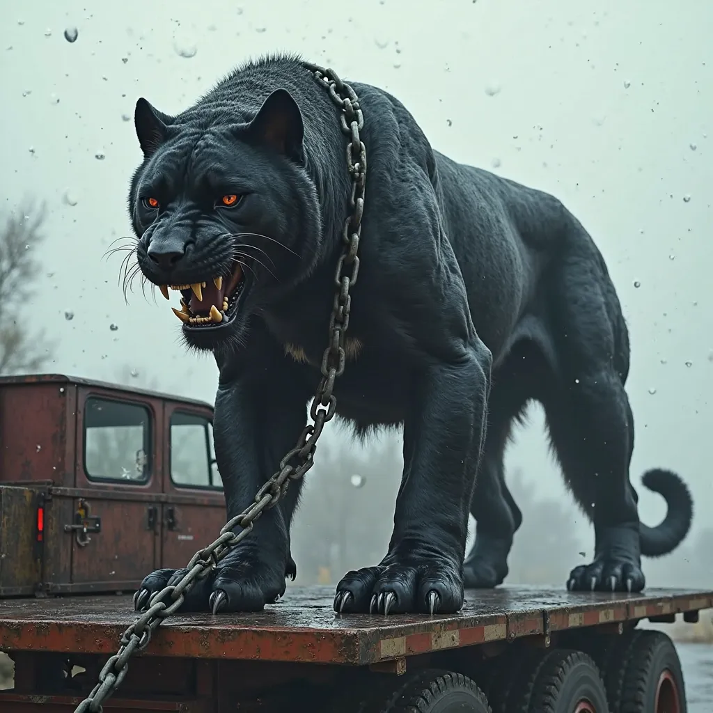 Make a giant and large black panther colored dog being transported on a truck and tied with a large chain