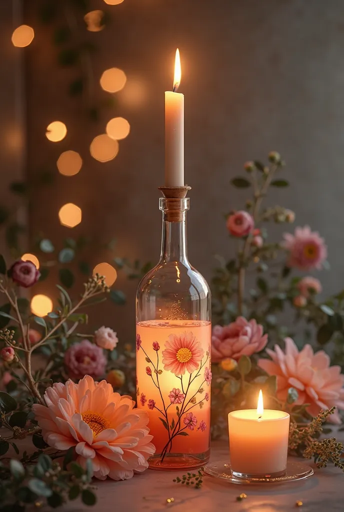 hello. Place a long candle on top of a wine bottle, so that. Besides, The bottle must be transparent and must have flowers painted on the walls. is exposed you can add other creative decorations that enhance the elegance.