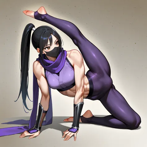 beautiful, attractive, women, asian, black hair, ponytail, spandex, purple ninja, slim muscular, athletic physique, mask, bare feet, wrappings on feet and wrists, sleeveless, ninja scarf, bracers, stirrup legwear, (flexible:1.3)
