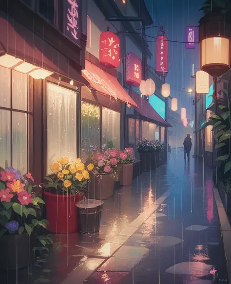 long rainy street illuminated by moonlight, pots with brightly colored flowers (red, yellow, purple), image style: vibrant and warm animation, full of floral details and natural light."