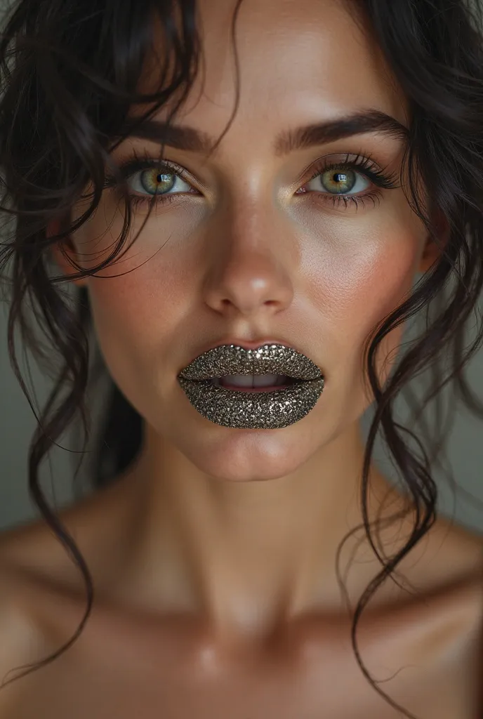 Generate a woman with a seductive look on her face smiling while proudly biting an intricately designed metal gag securely glued between her teeth 