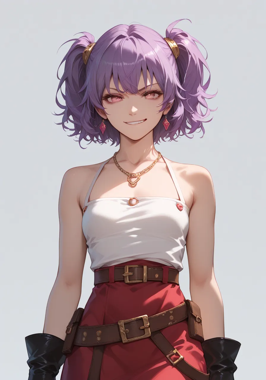  Masterpiece , best quality, High definition, simple background, looks at the viewer,  smirk,
1girl, ajax skin 3 , purple hair,  pink eyes ,  two sides up , Gives, open shoulders, necklace,  glove belt, 
 