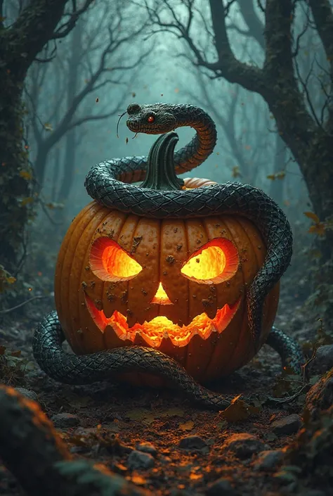 A pumpkin pierced with a snake 