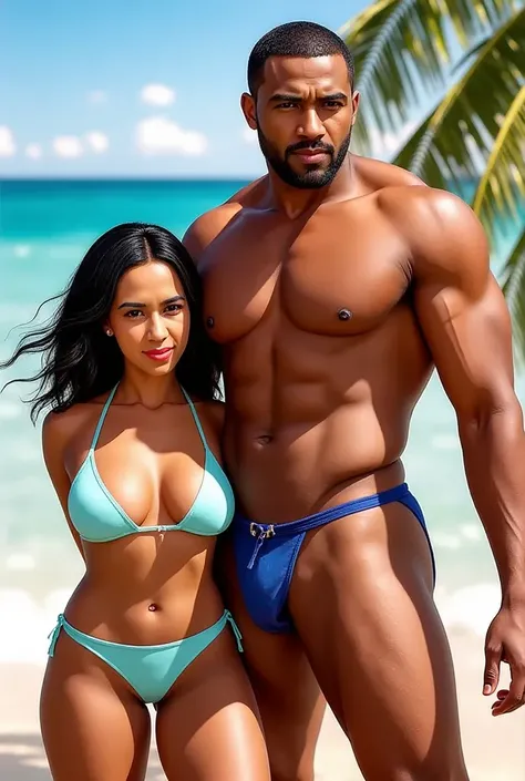 suks in bikini with strong african man, detailed facial features, sensual expression, dynamic posture, muscular figure, tropical beach background, golden hour lighting, cinematic camera angle, vibrant colors, photorealistic, 8K, HDR, physically-based rende...