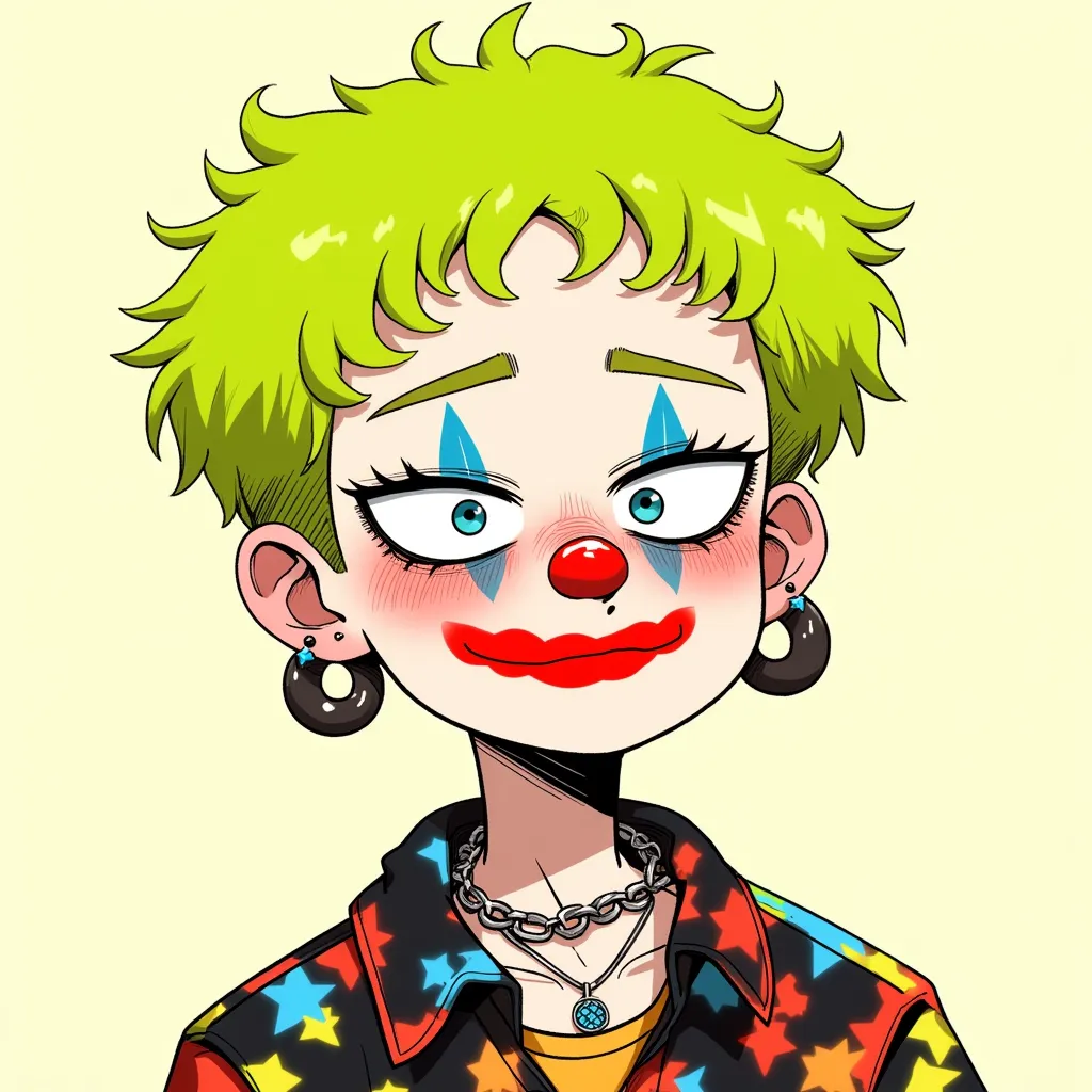  cartoon,The image shows a person with short, lemon-green hair, with frayed and irregular texture.  The makeup is inspired by clown, with light base, red lips,  red nose ,  and colorful details  (blue,  yellow and orange ) around the eyes and cheeks, inclu...