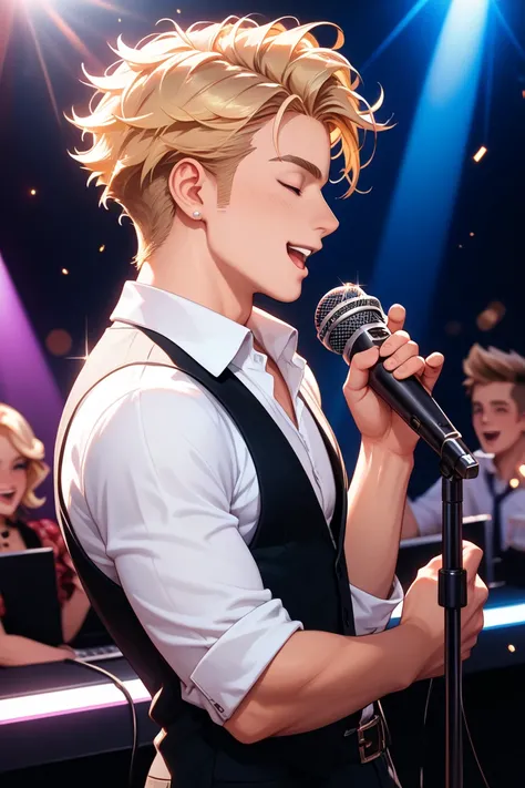 vtuber blonde male singing microphone 2d casual outfit