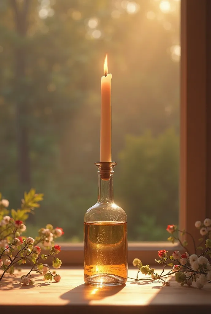 hello. Place a long candle on top of a wine bottle, so that. Besides, The bottle must be transparent and must have a forest painted on the walls. you can add other creative decorations to enhance the elegance.