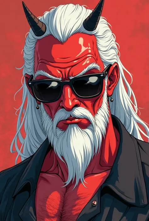 An Oni man with red skin, small horns sticking out of your forehead, He wears dark glasses and his eyes don't show, long, messy white hair and a closed beard, Do it with a serious face and in a line that resembles an anime, Make him look a little younger