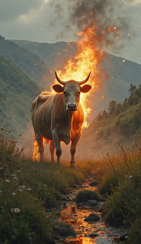 The cow suddenly begins to glow with flames rising from its body. The fire starts small but rapidly spreads, turning the peaceful scene into an emergency.