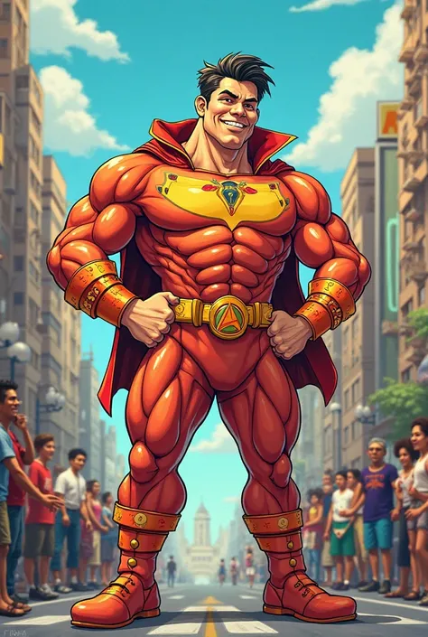 Create a comical and original cartoon of a superhero who defeats world hunger with salchipapa and can be knocked down with powdered juice

