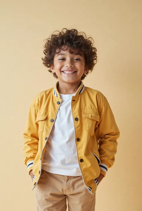 Create an image of a boy smiling and posing in new clothes by The Kickback, This image must have a light-colored neutral background, It is to promote an online store