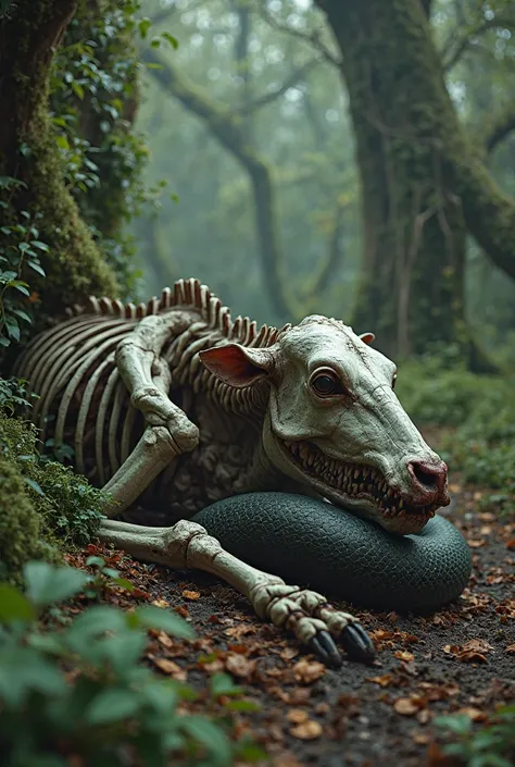 Skeletal calf being pierced by a snake in a forest