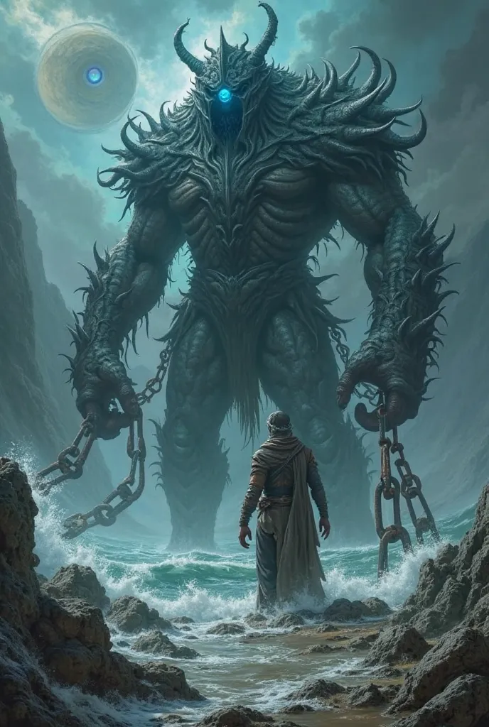 "On a desolate, storm-ravaged island, a monstrous figure struggles against massive, rusted chains that bind him. His towering form radiates pure darkness, and above him, a colossal, all-seeing eye looms in the sky, watching his every move. Waves crash viol...