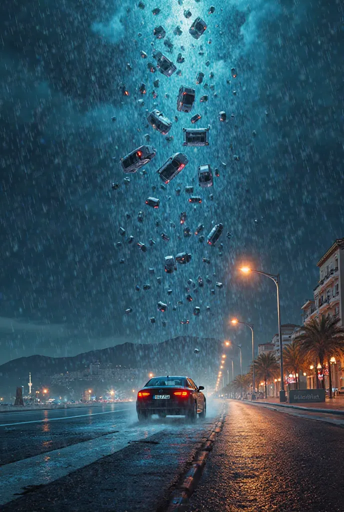 Make an image at night with cars raining and with the text "Marbella City" In Cielo 