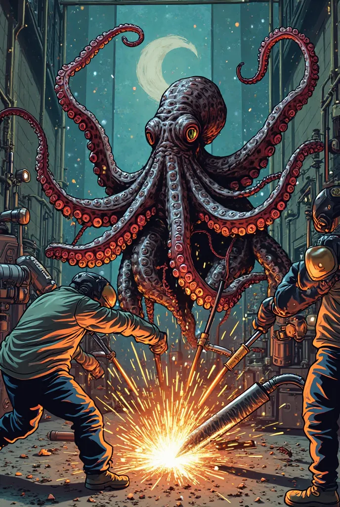 Octopus close to humans　They are fighting while welding　b boy fashion　 American comics style