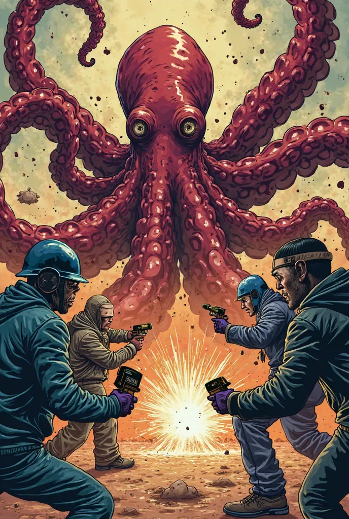 Octopus close to humans　They are fighting while welding　b boy fashion　 American comics style