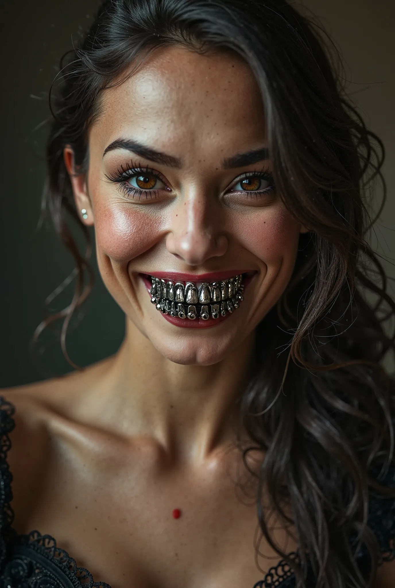 Generate a woman with a seductive look on her face smiling while proudly biting an intricately designed metal mouth trap securely glued between her teeth 