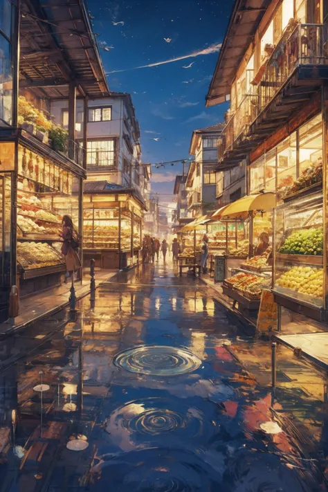 facade, Front , Outdoors,  fruit market novel style, Rempie, large environment , No people, Single location, anime, scenery, Horizontal View