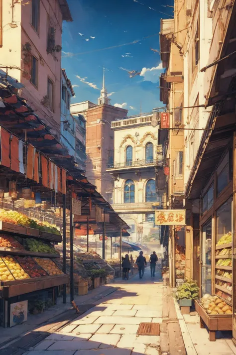 facade, Front , Outdoors,  fruit market novel style, Rempie, large environment , No people, Single location, anime, scenery, Horizontal View