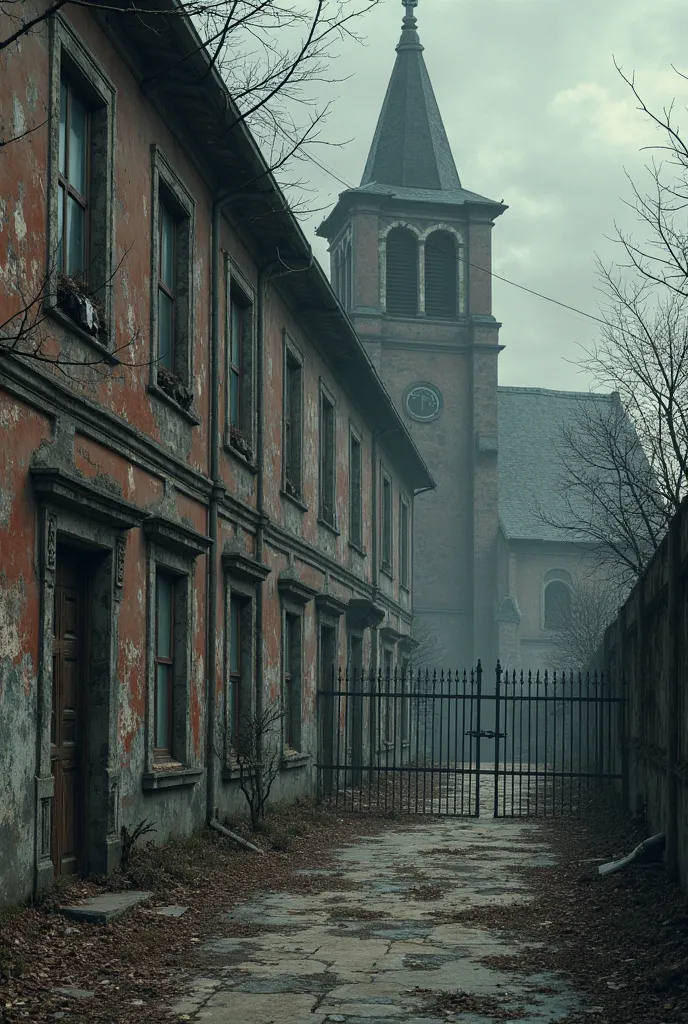 Bolted and locked since the war by long-dead hands, Next to the shadowy church, the closed school stands.