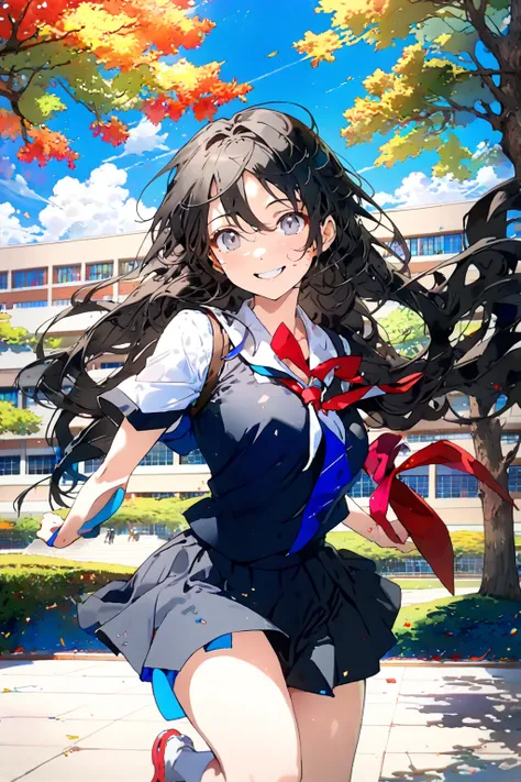 24k quality, absurdres, masterpiece, (vivid color:1.2), (colorful:1.2), (anime style:1.5)

BREAK a school girl, (black long hair), (gray eyes), (sacred face:1.2), (graceful smile), (perfectly detailed face:1.2) 

BREAK running at campus of high-school, sch...