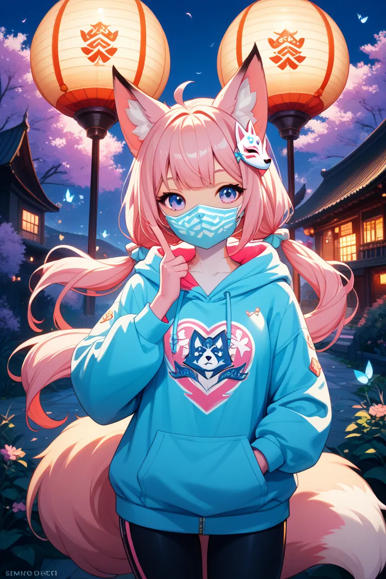 Pink Twin Tail Human Fox Mask Hoodie Front