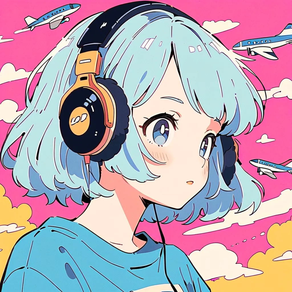 a cartoon girl with headphones on and a blue shirt, lofi girl, Lofi Portrait, with headphones, retro  anime girl , an  anime girl , ( anime girl ),  anime vibes ,  anime girl ,  Anime style illustration ,  wearing headphones,  anime-style plane ,  Anime il...