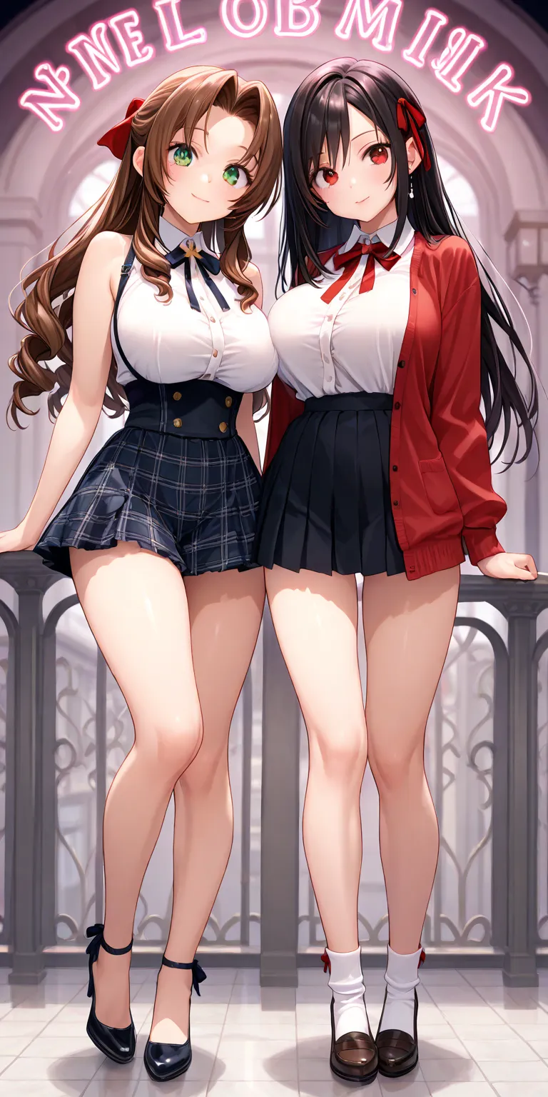 2 girls、ＦＦ７、Tifa、Aerith、Prostitute、Lewd、slender eyes、very big breasts、 popup、full body、 Valley of Enchantment、 superb milk、beautiful eyes、Beautiful Waist、Enchanting Thighs、super beautiful、Ultra delicate、masterpiece、Highest quality、