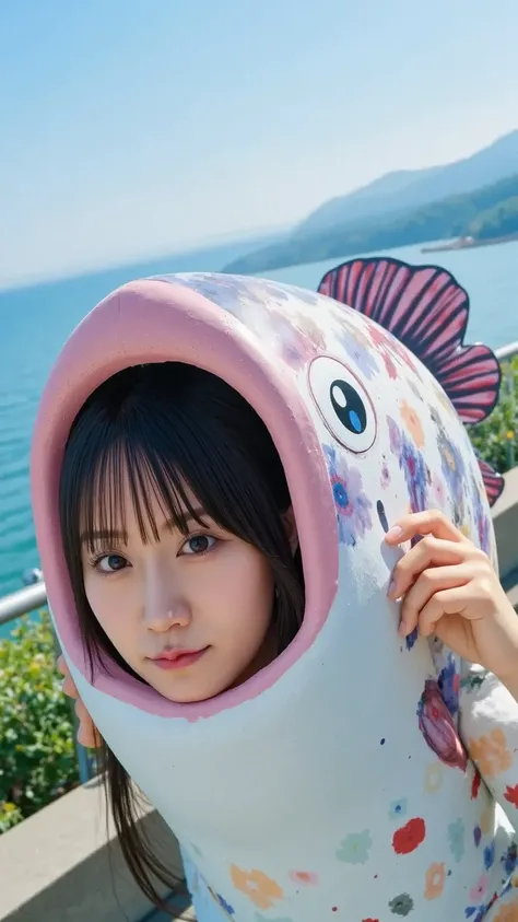 「a Japanese woman showing her face on a tourist spot face panel。the panel is in the shape of a big fish、a woman is showing her face out of her mouth。In the background is a seaside landscape。」