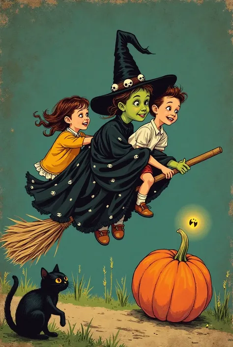 Create a vintage-style illustration from an educational book , with vibrant colors and a retro touch. The scene must show a classic witch, With greenish skin , disheveled hair and a pointed hat, wearing a black robe decorated with small skulls. She is flyi...