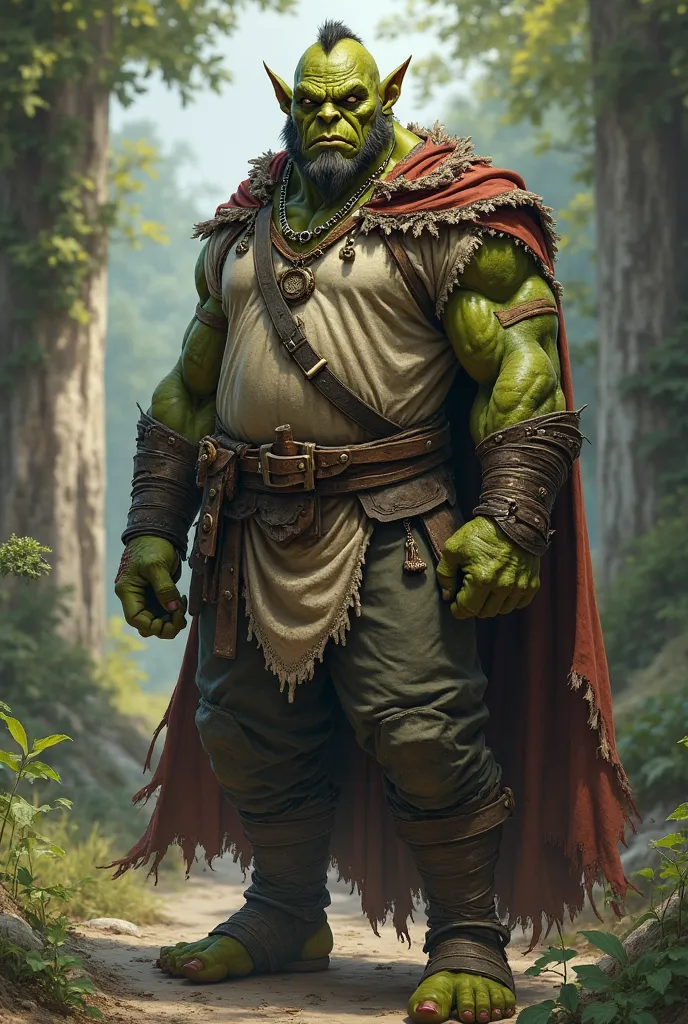 A green orc assassin, boxer,with a cloake-like overcoat and with a slightly shabby shirt. Make for a tabletop RPG. Make him more friendly 