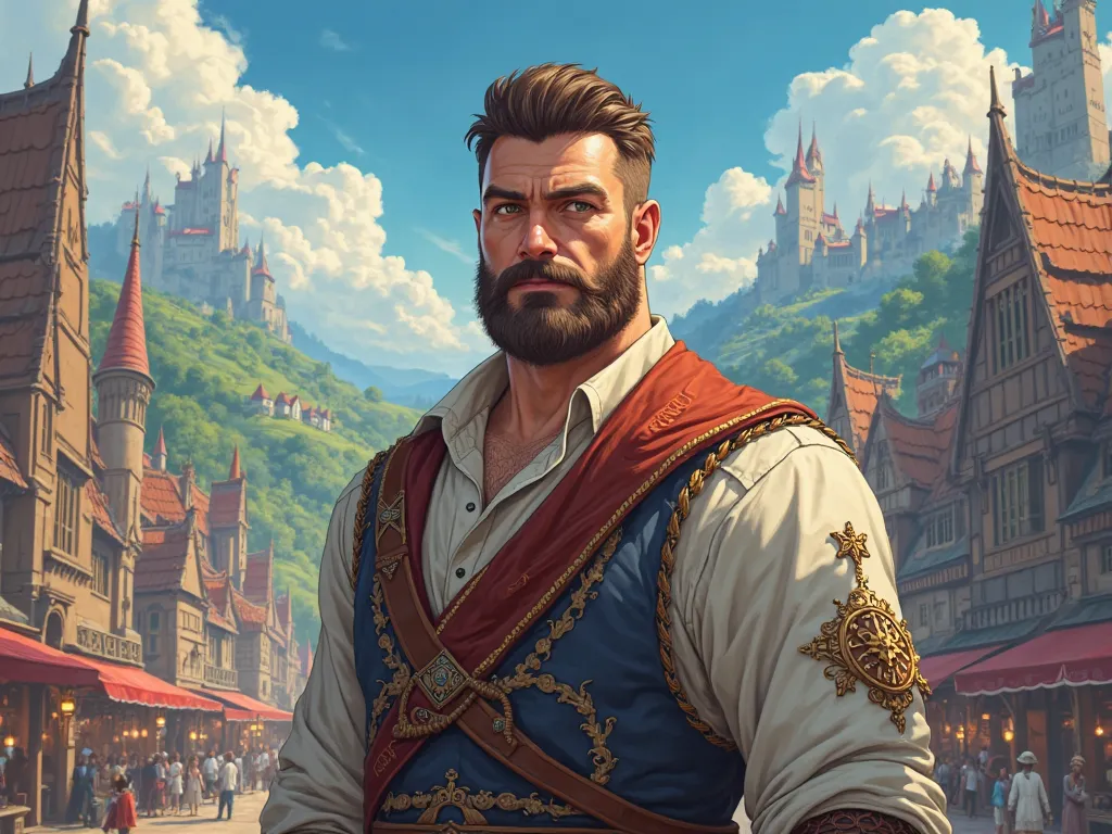 Man with short brown hair and short beard in realistic medieval anime style kingdom 