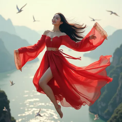 1 woman, flying in the air（Elegant posture 1.3）（zero gravity form 1.4）（no atmospheric resistance pattern 1.2）, long hair（floats at speed with gravity 1 x} dress 1.3）beautiful face，exquisite facial features，（Confident Eyes 1.2） fair skin ，elegant hand postu...