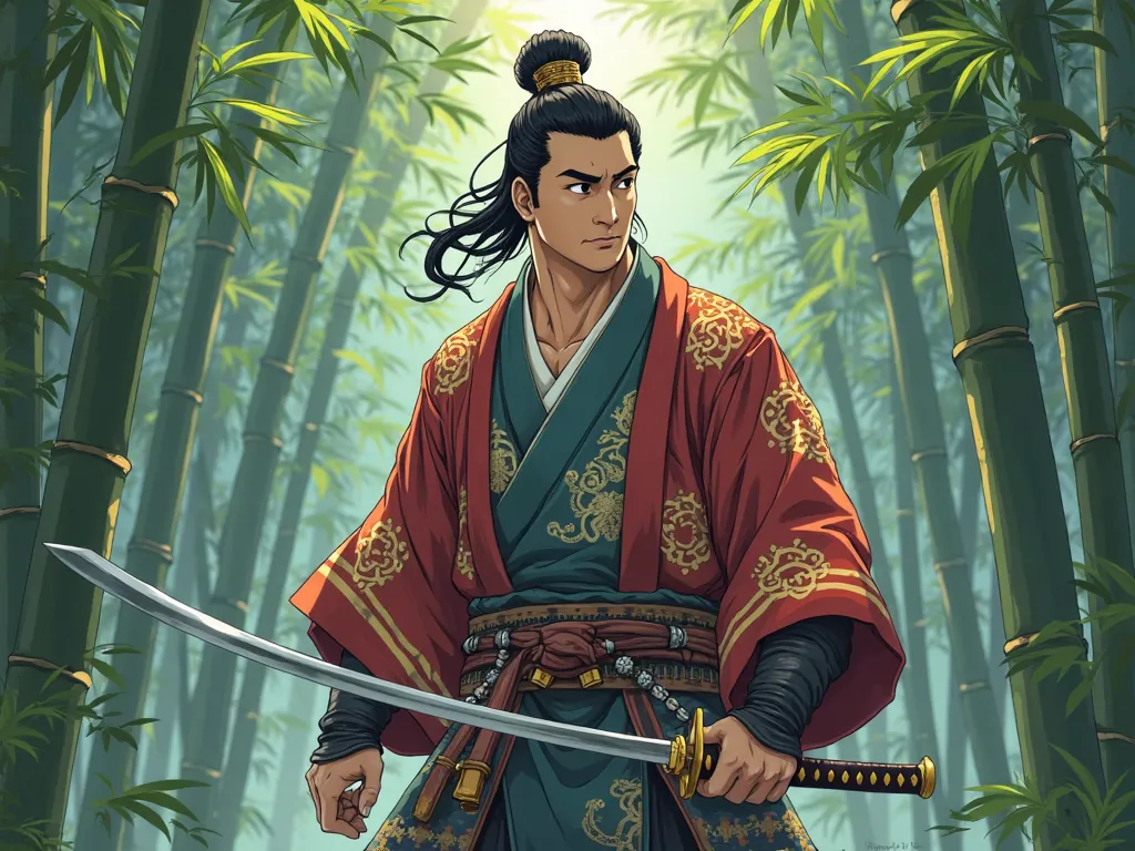 Man with Asian features dressed in samurai dress taking his katana out of the cover looking to the left surrounded by bamboos in anime style from studio Ghibli