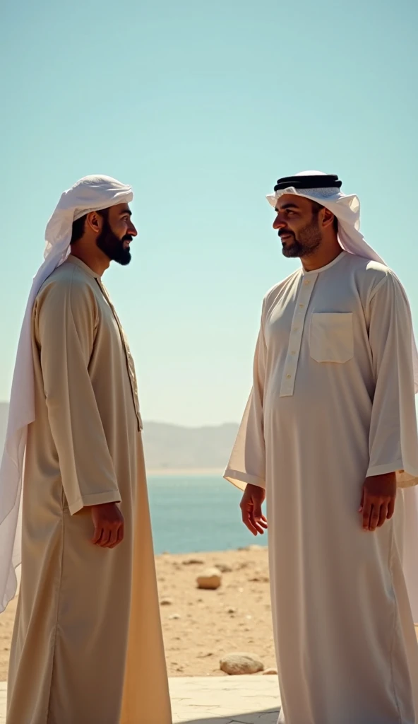 "An Arab man in a traditional flowing robe is engaged in conversation with another Arab man in a serene outdoor setting on a bright morning. The scene is bathed in soft, natural sunlight, with a clear blue sky in the background and gentle shadows highlight...